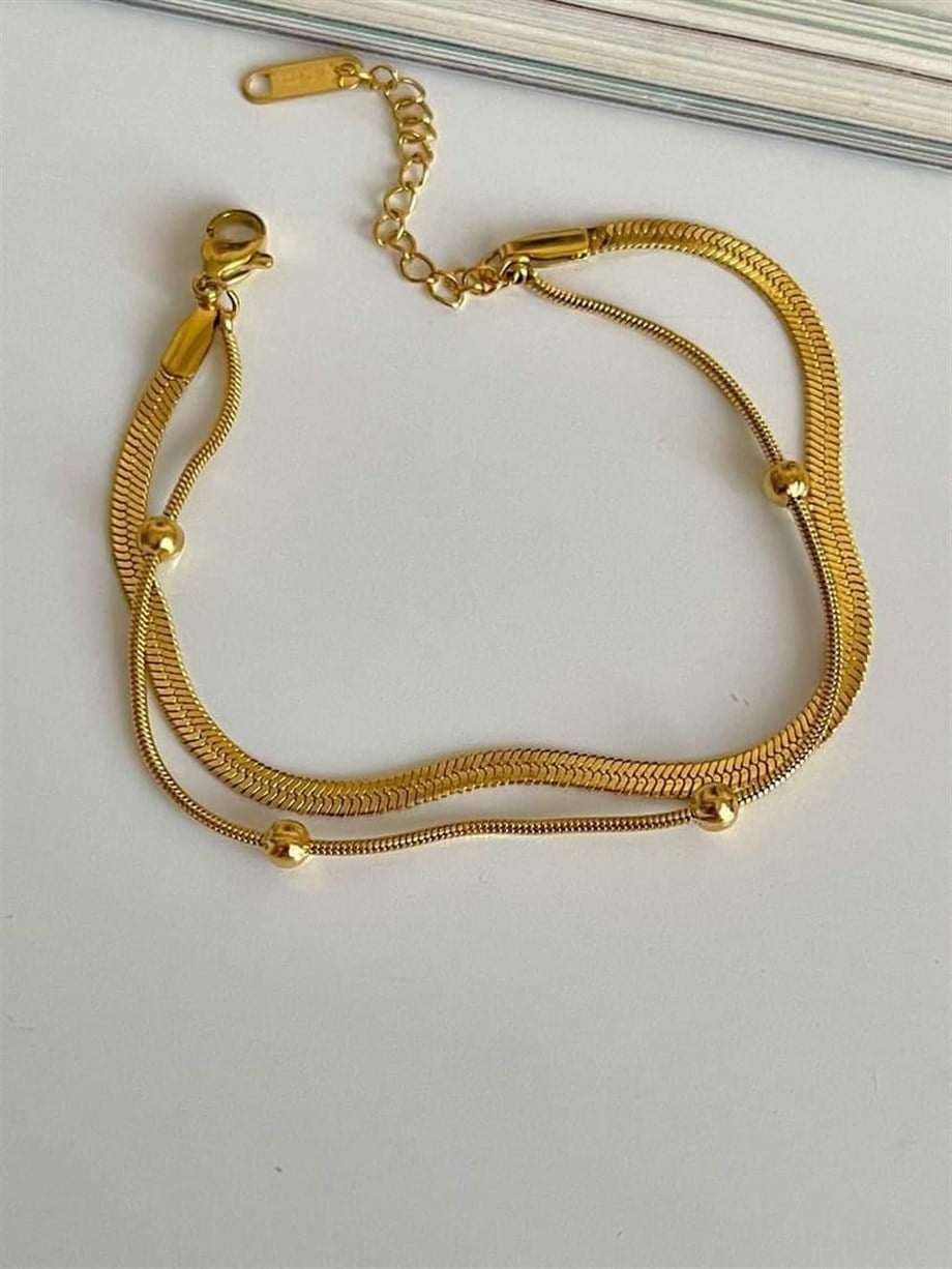 Çelik İtalyan Zincir Topçuklu İkili Birleşik Kombin Bileklik (22 Cm)