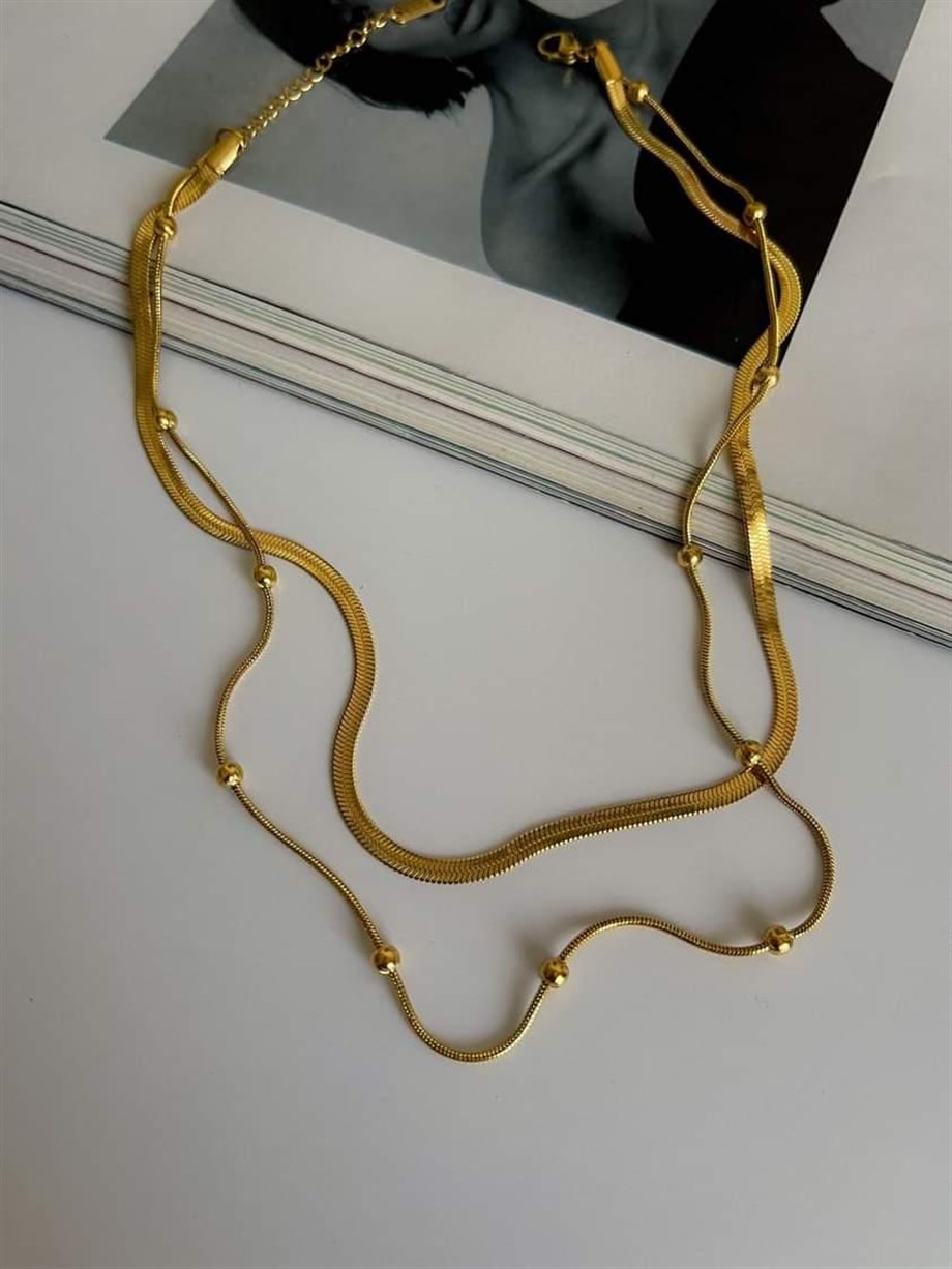 Çelik İtalyan Zincir Topçuklu İkili Birleşik Kombin Kolye (43 Cm)