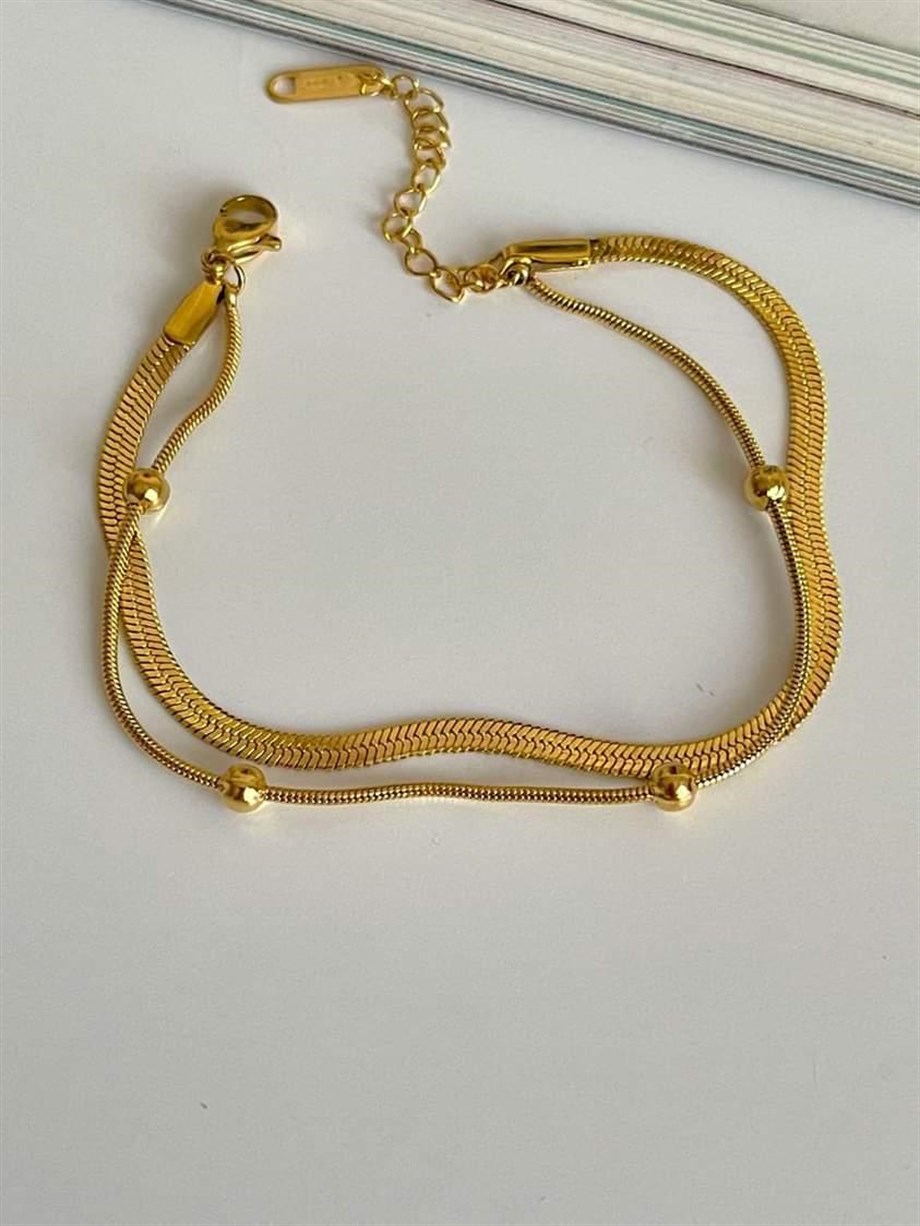 Çelik İtalyan Zincir Topçuklu İkili Birleşik Kombin Bileklik (22 Cm)