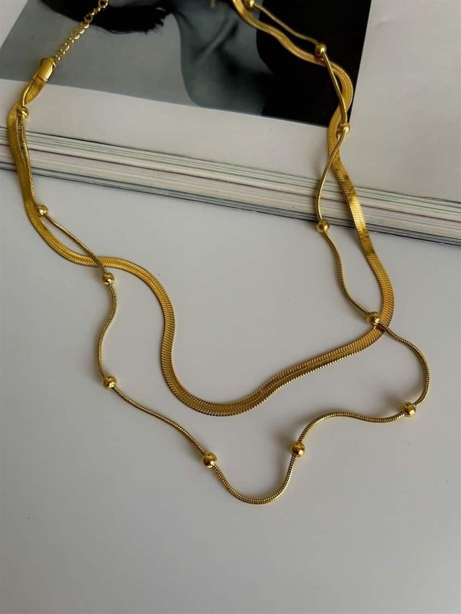 Çelik İtalyan Zincir Topçuklu İkili Birleşik Kombin Kolye (43 Cm)