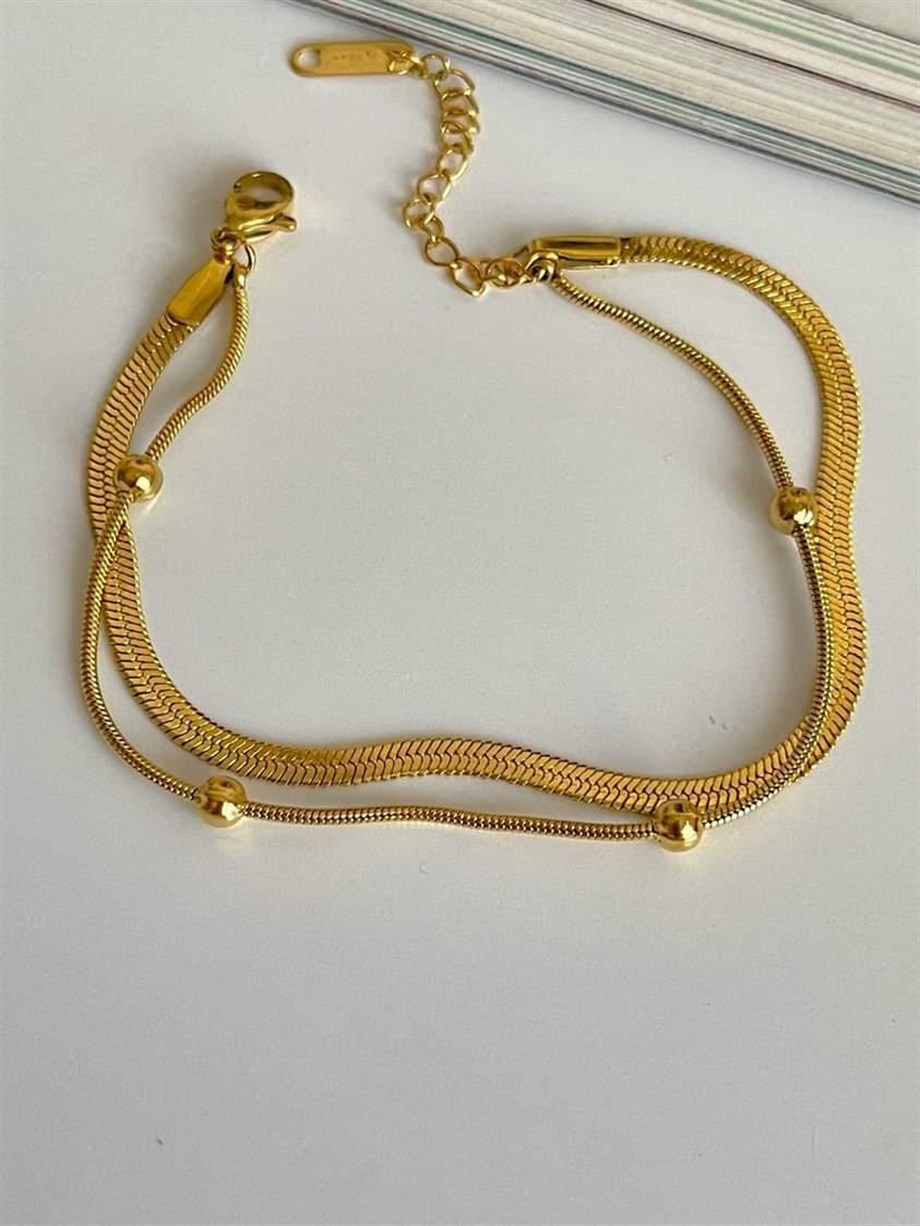 Çelik İtalyan Zincir Topçuklu İkili Birleşik Kombin Bileklik (22 Cm)