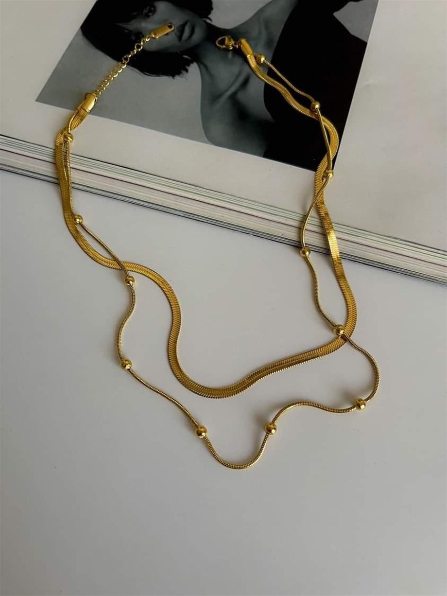 Çelik İtalyan Zincir Topçuklu İkili Birleşik Kombin Kolye (43 Cm)