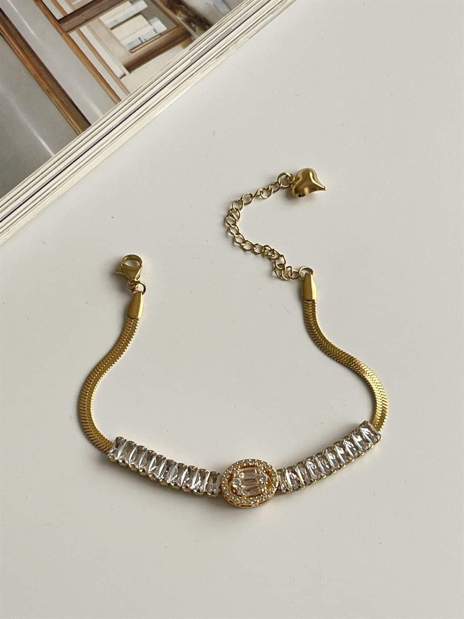 Çelik İtalyan Zincir Üzerine Baget Taşlı Lena Bileklik (22 Cm)