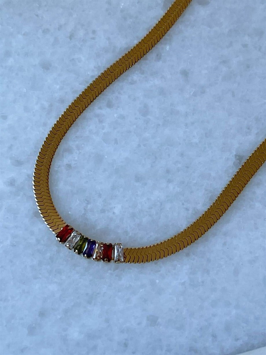 Çelik İtalyan Zincir Üzerine Renkli Baget Taşlı Kolye (45 Cm)