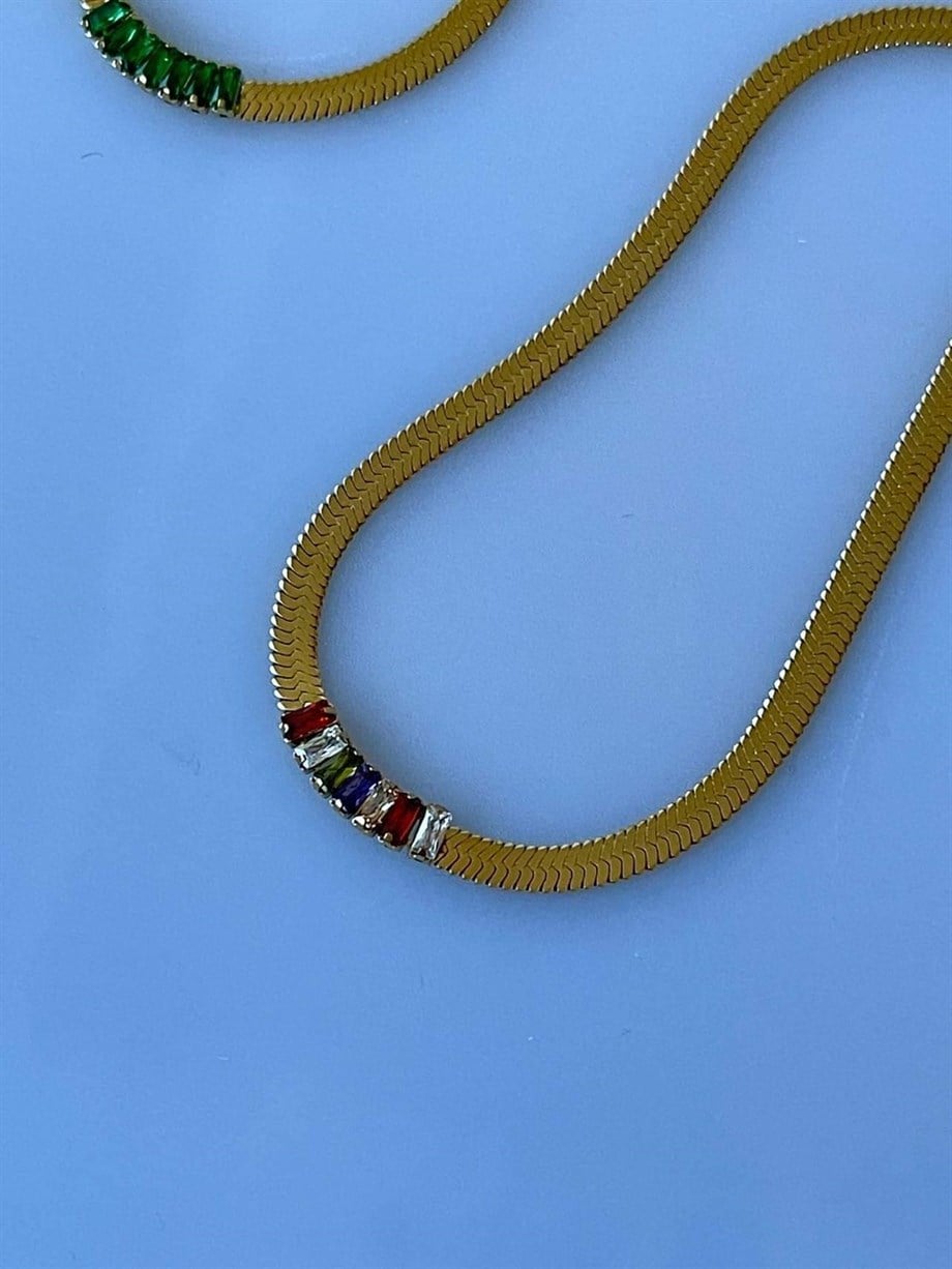 Çelik İtalyan Zincir Üzerine Renkli Baget Taşlı Kolye (45 Cm)