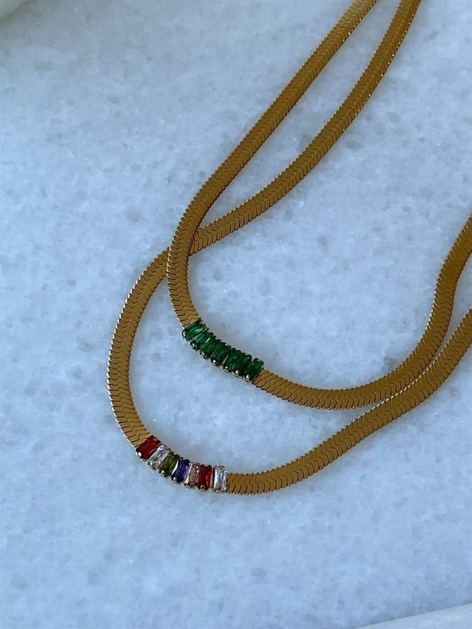 Çelik İtalyan Zincir Üzerine Renkli Baget Taşlı Kolye (45 Cm)