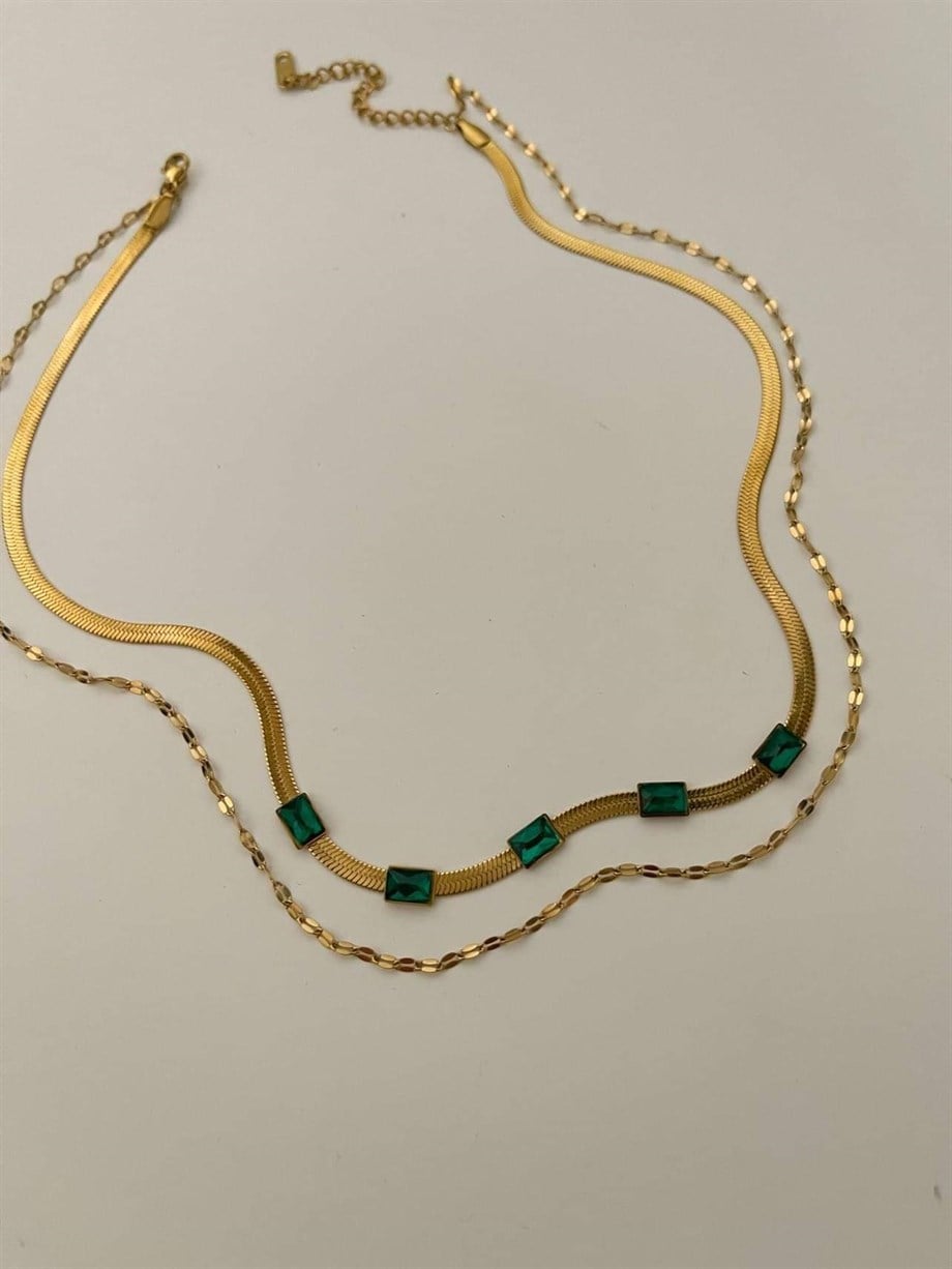 Çelik İtalyan Zincir Yeşil Taşlı İkili Kombin Kolye (45 Cm)