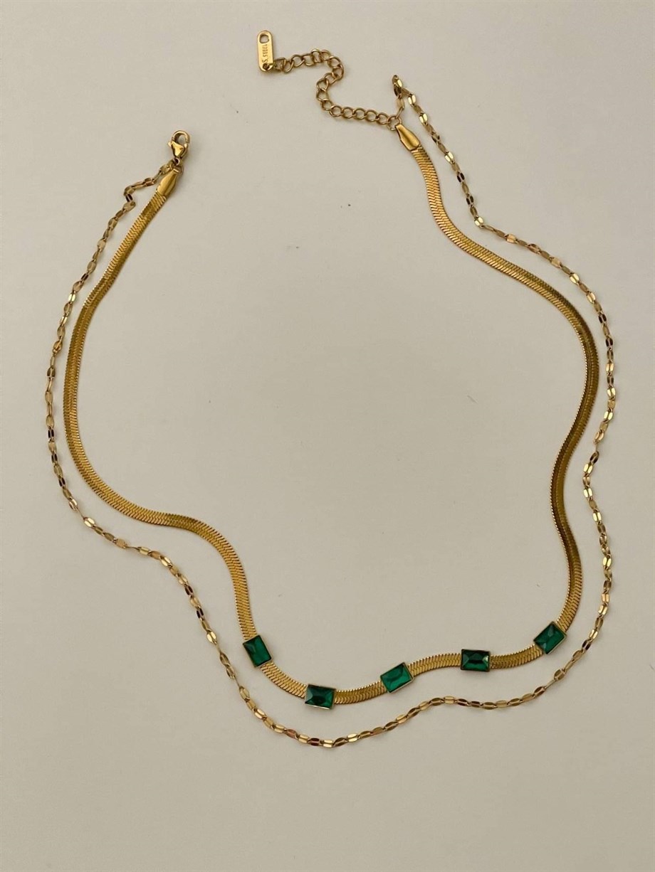 Çelik İtalyan Zincir Yeşil Taşlı İkili Kombin Kolye (45 Cm)