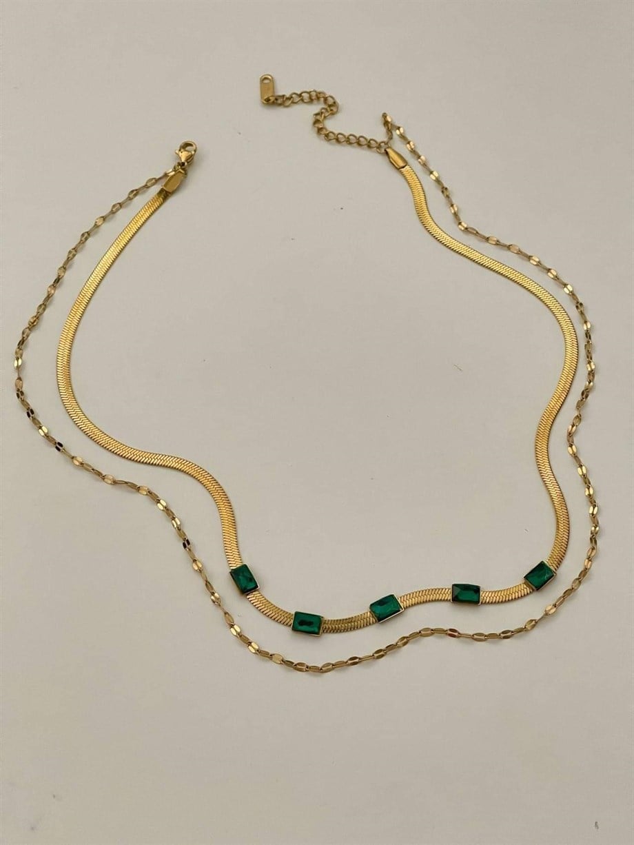 Çelik İtalyan Zincir Yeşil Taşlı İkili Kombin Kolye (45 Cm)