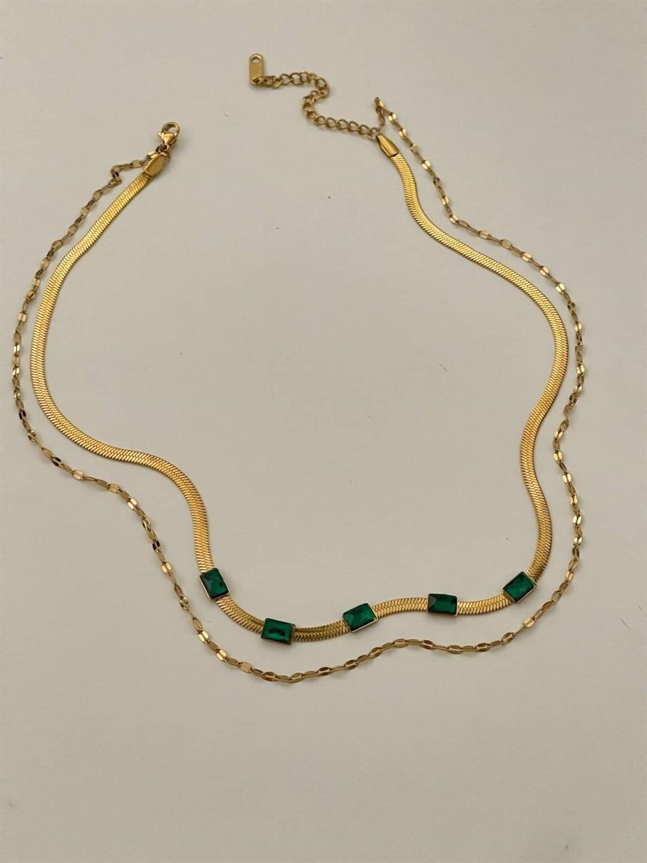 Çelik İtalyan Zincir Yeşil Taşlı İkili Kombin Kolye (45 Cm)