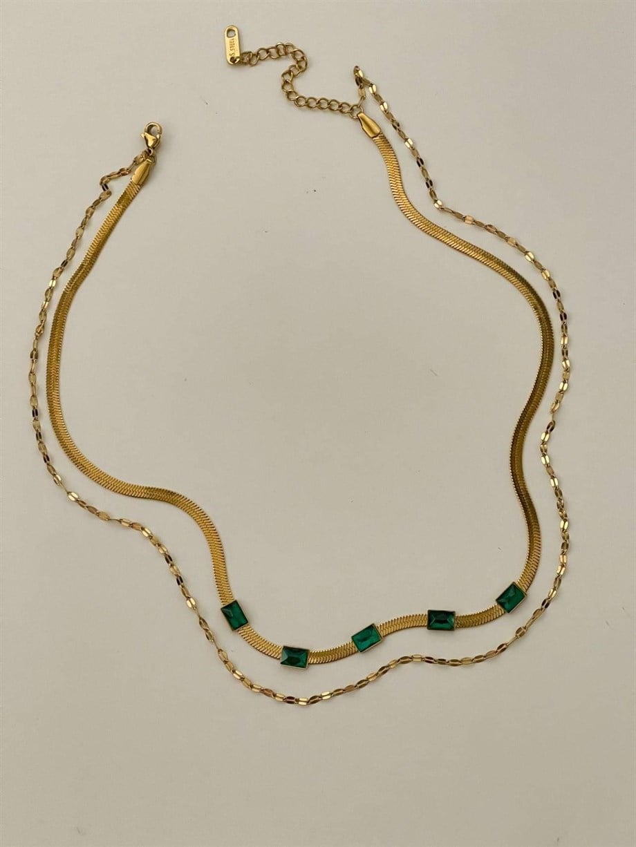 Çelik İtalyan Zincir Yeşil Taşlı İkili Kombin Kolye (45 Cm)