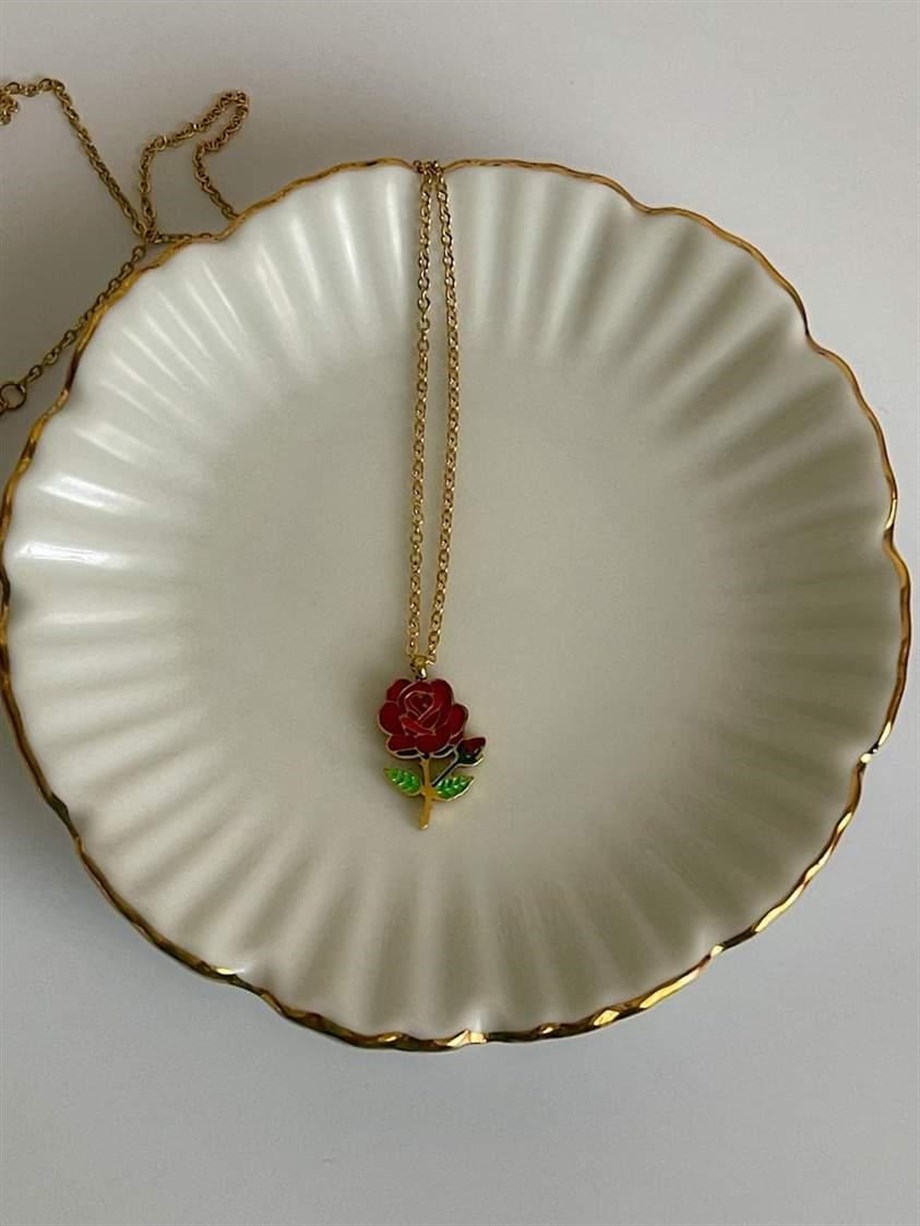 Çelik Kırmızı Gül Kolye (47 Cm)