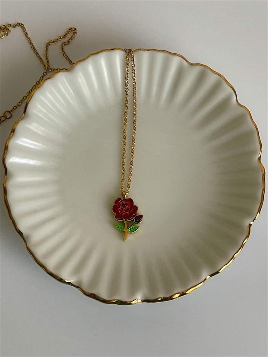 Çelik Kırmızı Gül Kolye (47 Cm)