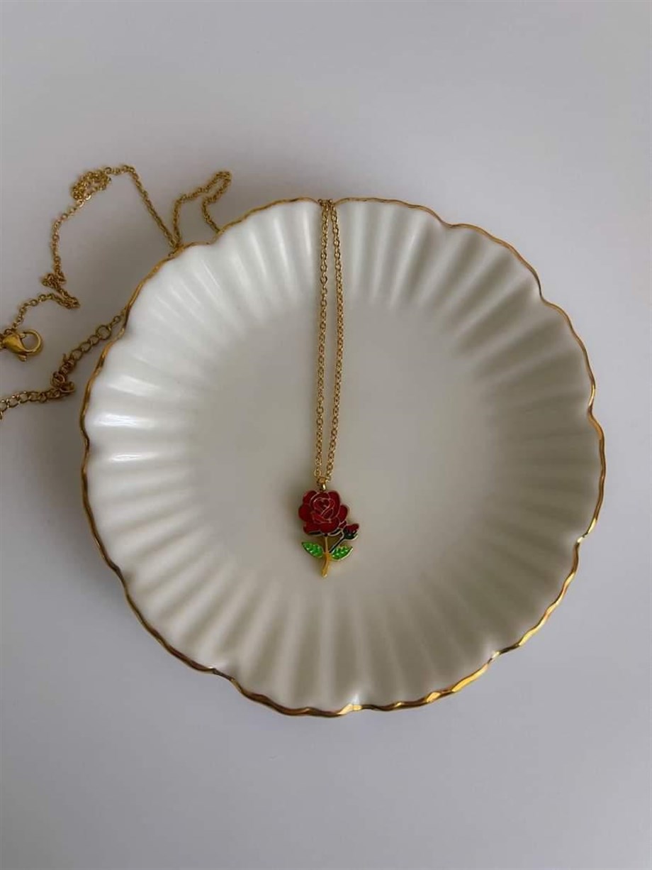 Çelik Kırmızı Gül Kolye (47 Cm)
