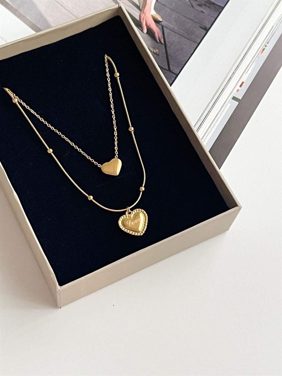 Çelik Love Yazılı Kalp Topçuklu İkili Bileşik Kombin Kolye (44 Cm)