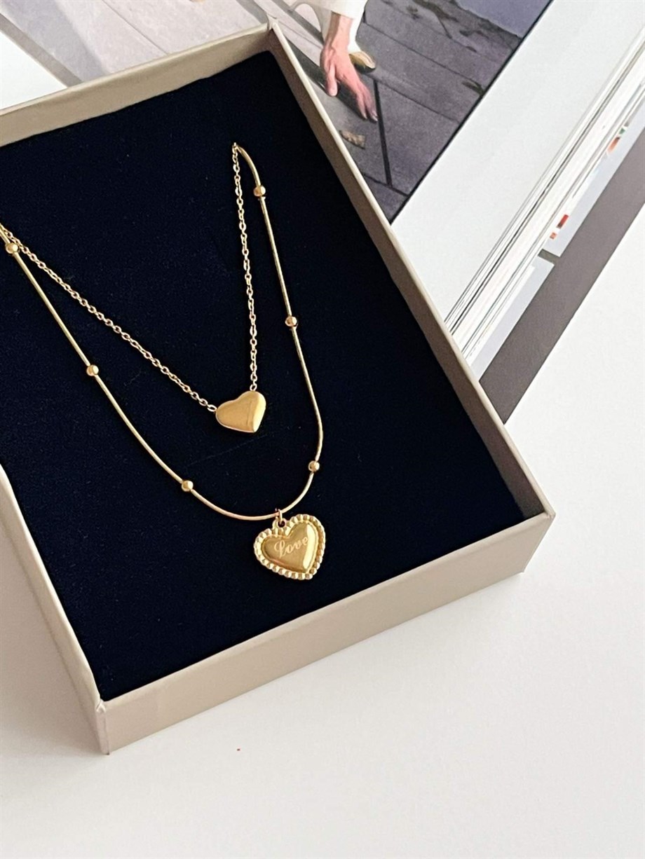 Çelik Love Yazılı Kalp Topçuklu İkili Bileşik Kombin Kolye (44 Cm)
