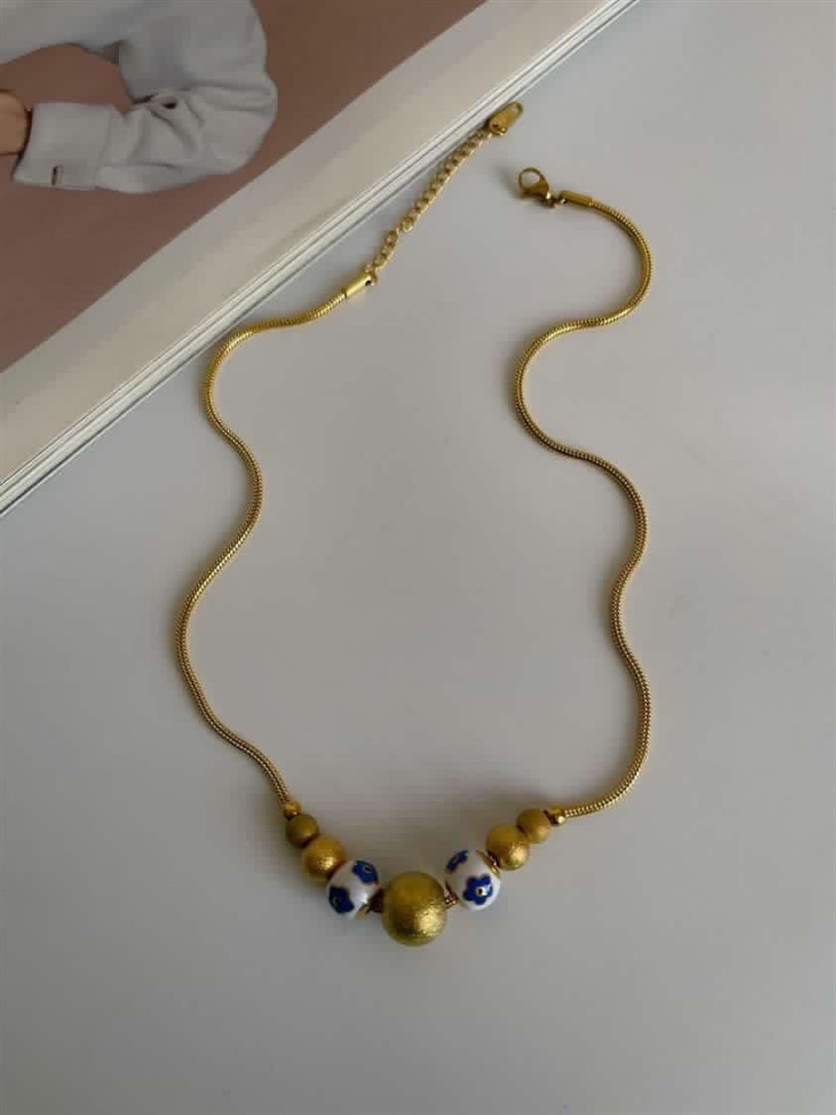 Çelik Mavi Çiçekli Boncuklu Kolye (43 Cm)