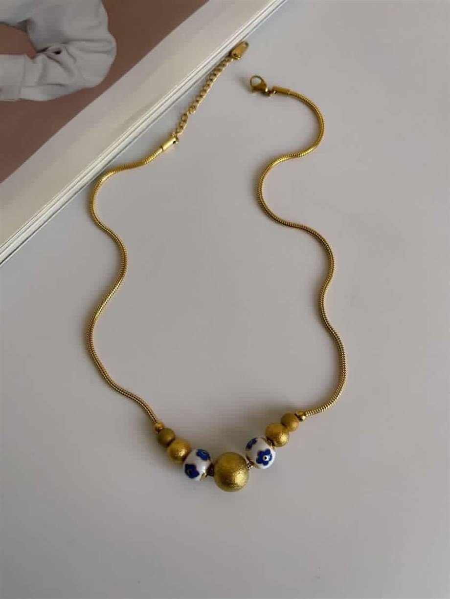 Çelik Mavi Çiçekli Boncuklu Kolye (43 Cm)