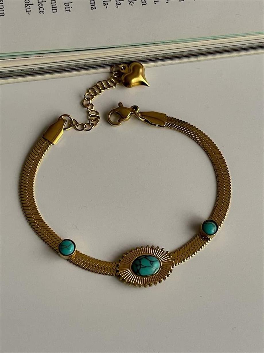 Çelik Mavi Firuze Taşlı Bileklik (21 Cm)