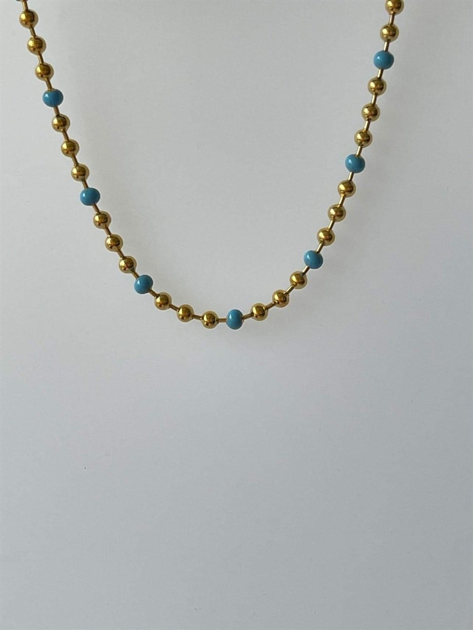 Çelik Mavi Gold Boncuklu Kolye (46 Cm)