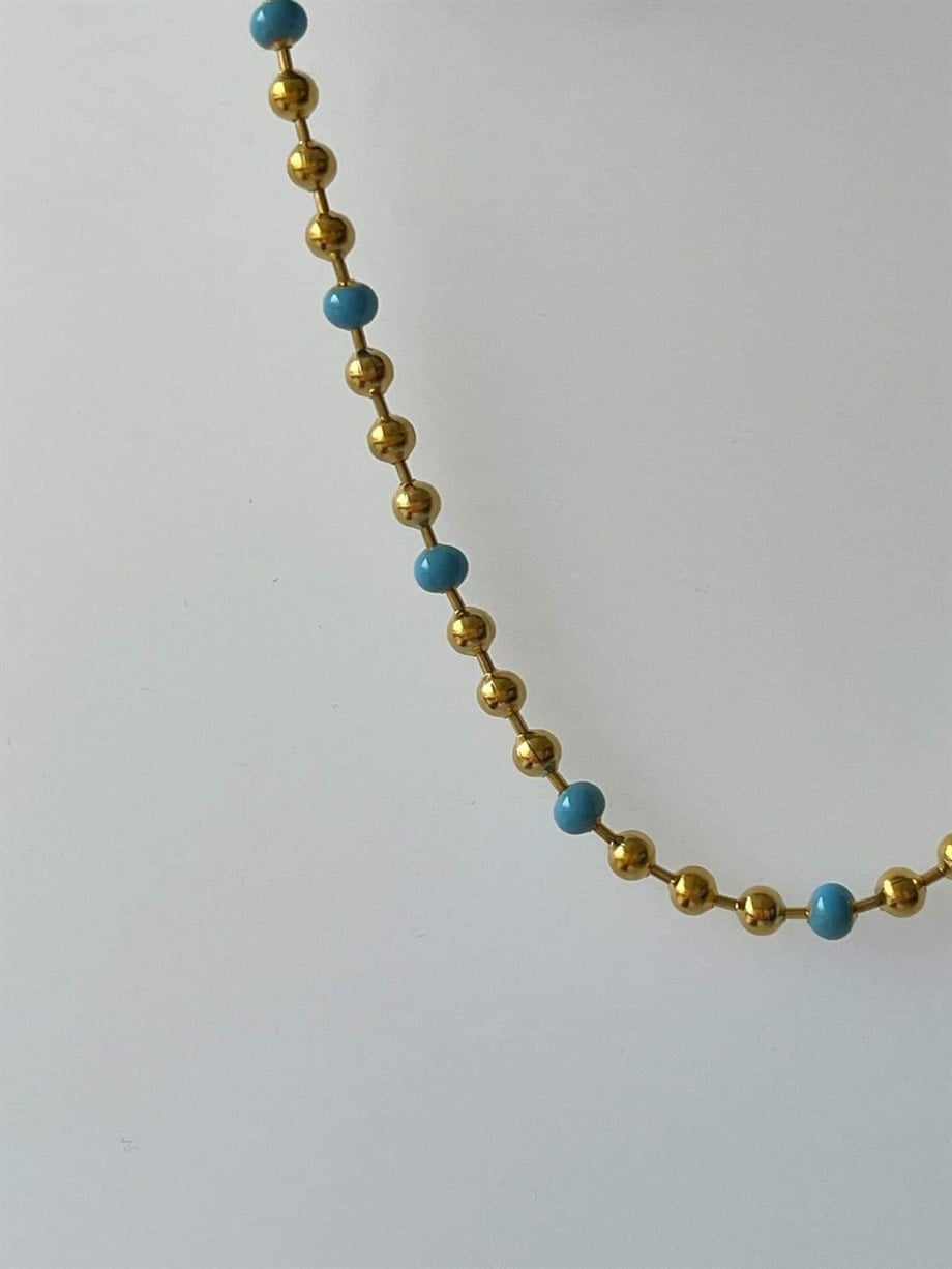 Çelik Mavi Gold Boncuklu Kolye (46 Cm)