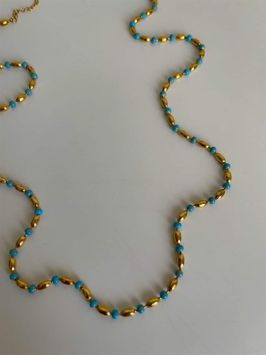Çelik Mavi Gold Taşlı Uzun Kolye (67 Cm)