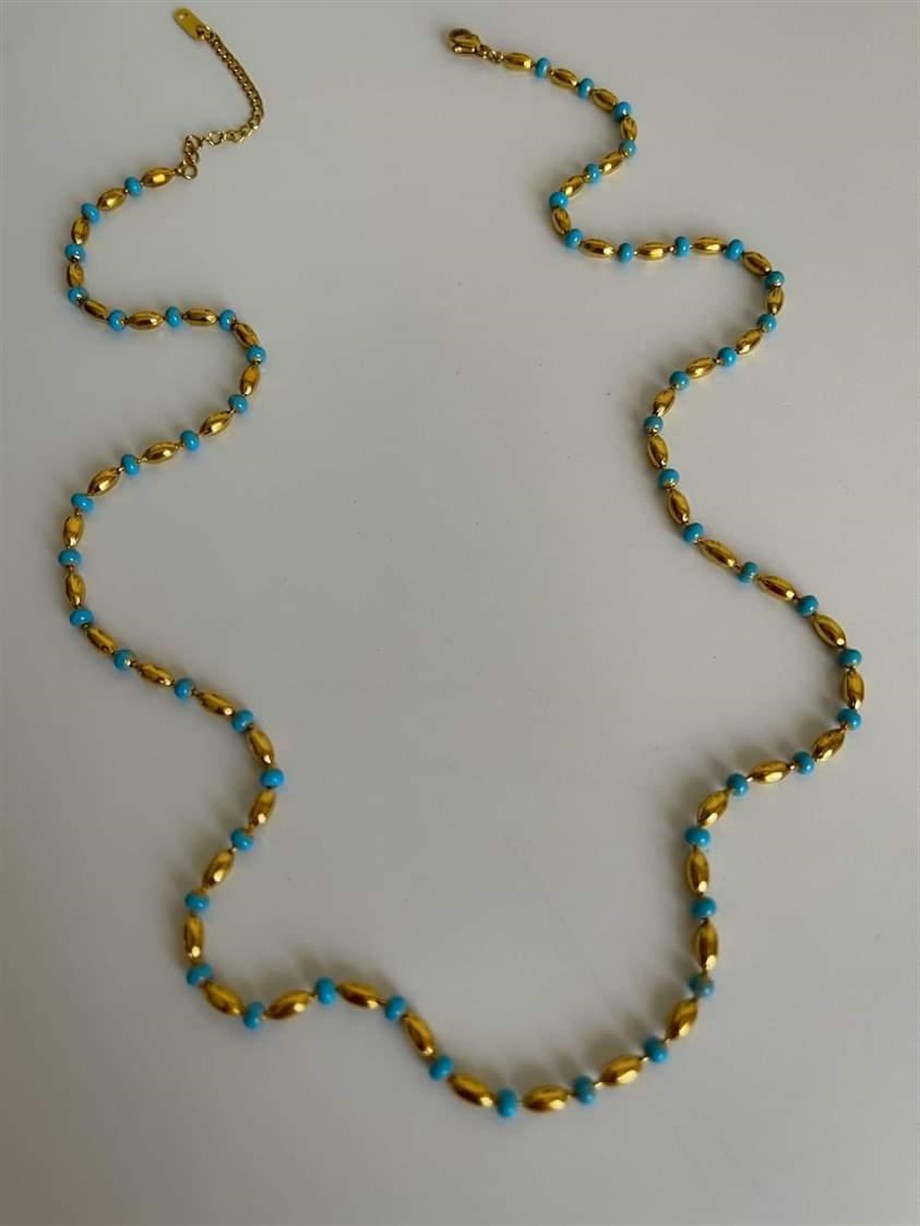 Çelik Mavi Gold Taşlı Uzun Kolye (67 Cm)