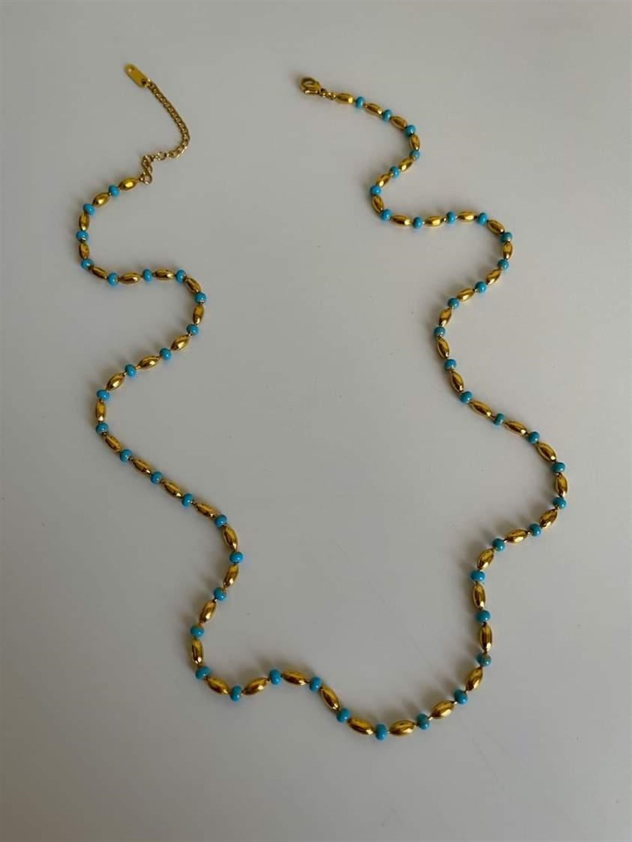 Çelik Mavi Gold Taşlı Uzun Kolye (67 Cm)