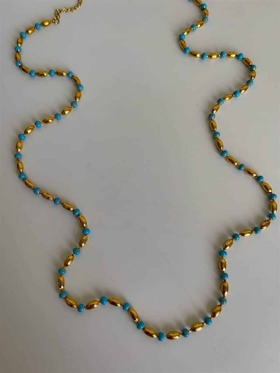 Çelik Mavi Gold Taşlı Uzun Kolye (67 Cm)