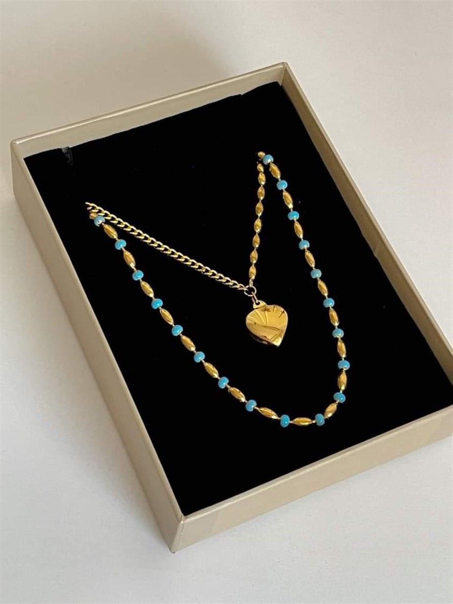 Çelik Mavi Gold Taşlı Uzun Kolye (67 Cm)