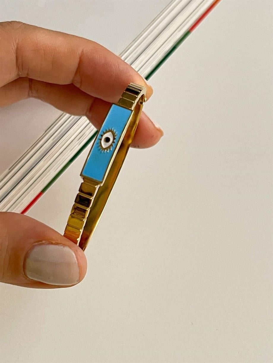 Çelik Mavi Gözlü Kelepçe Bileklik (6.20 Cm)