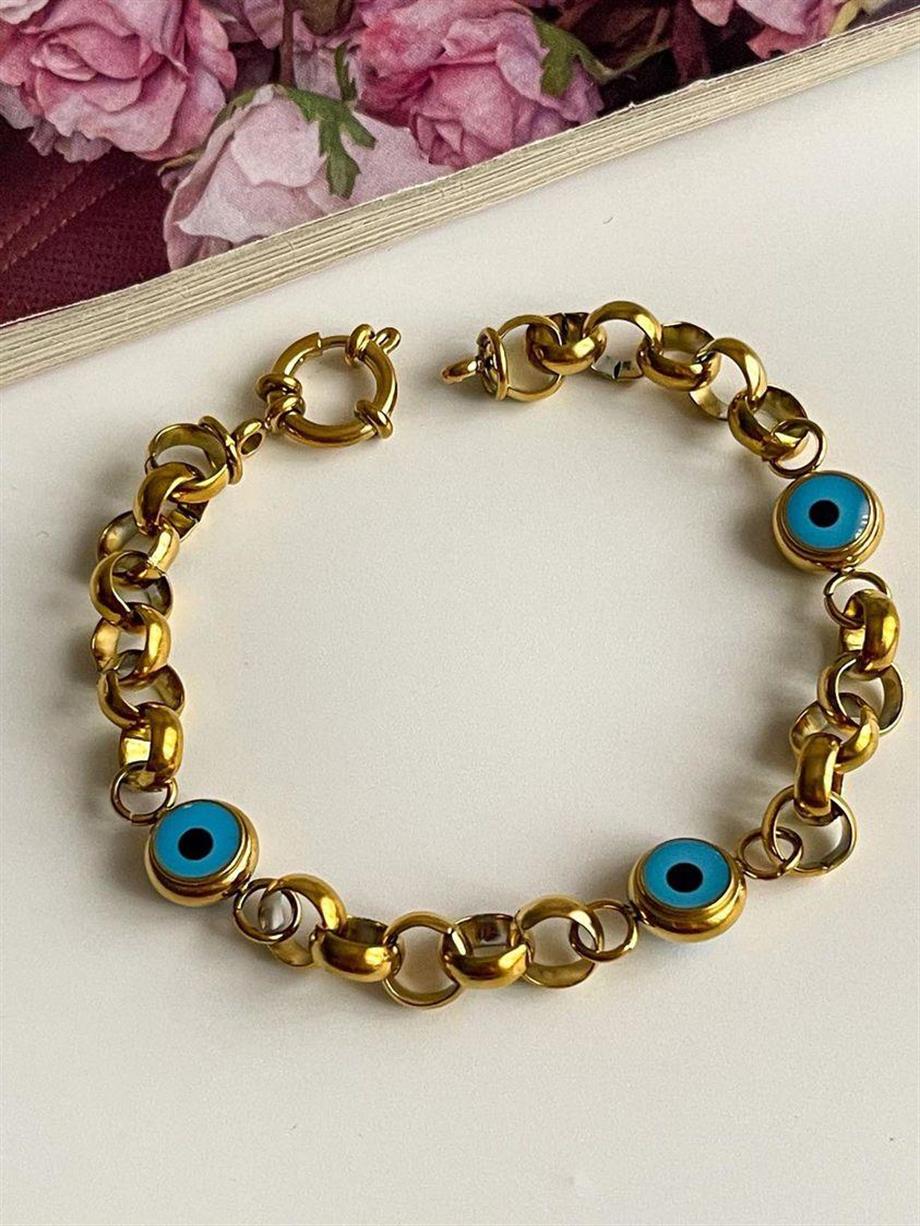 Çelik Mavi Nazar Boncuklu Bileklik (19 Cm)