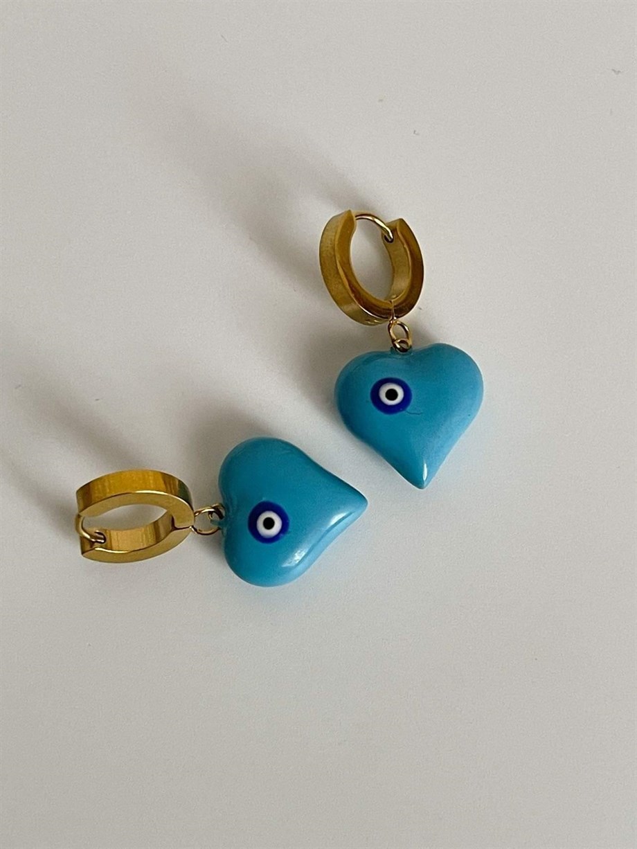 Çelik Mavi Nazar Boncuklu Kalp Kolye (3 Cm)