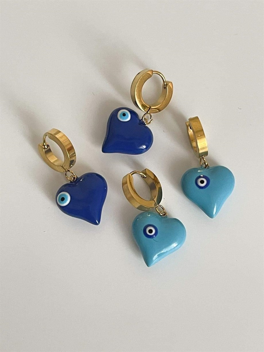Çelik Mavi Nazar Boncuklu Kalp Kolye (3 Cm)