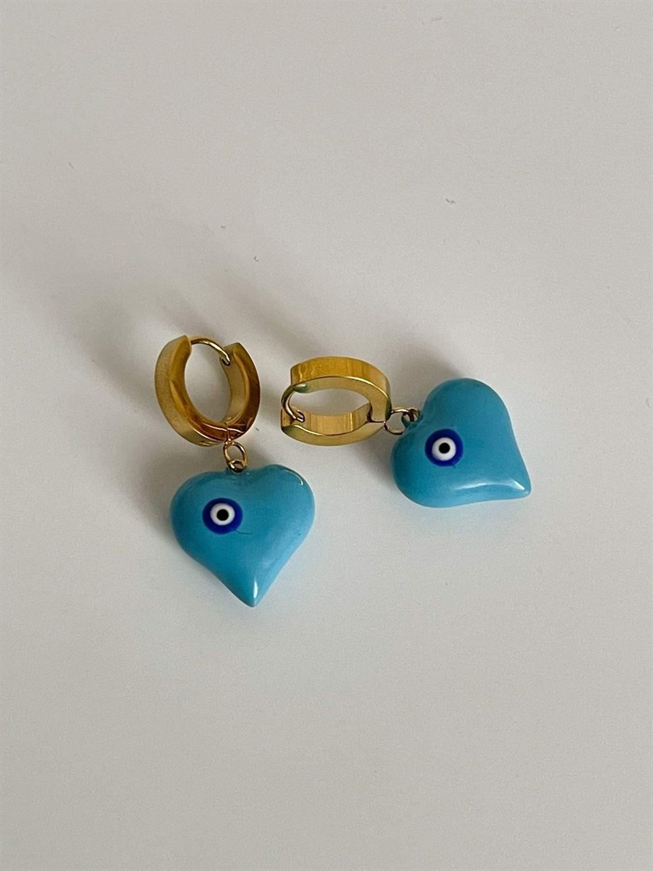 Çelik Mavi Nazar Boncuklu Kalp Kolye (3 Cm)