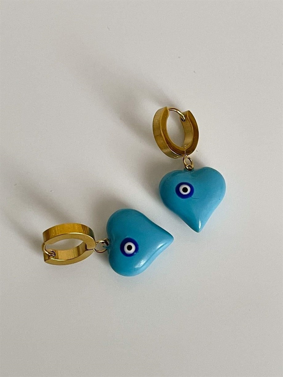 Çelik Mavi Nazar Boncuklu Kalp Kolye (3 Cm)