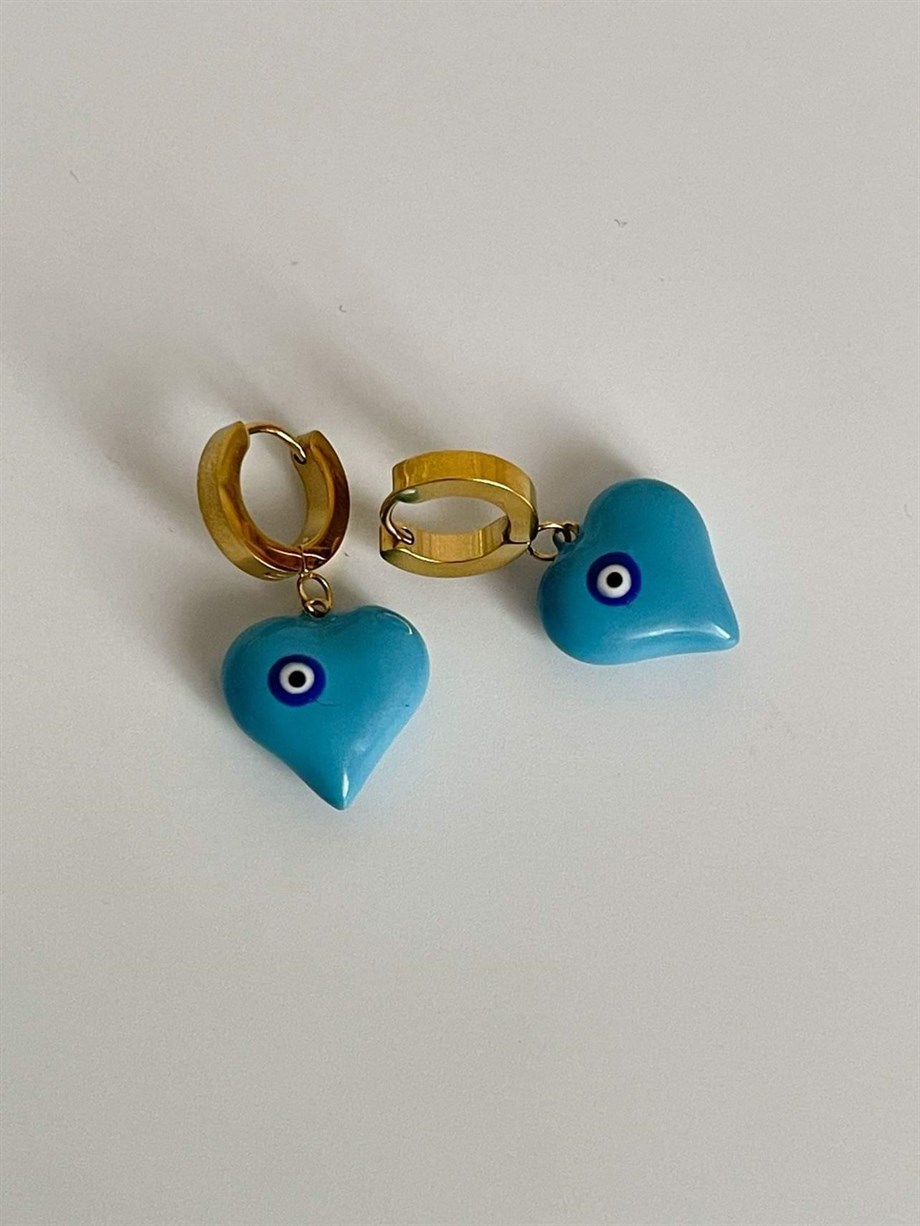 Çelik Mavi Nazar Boncuklu Kalp Kolye (3 Cm)