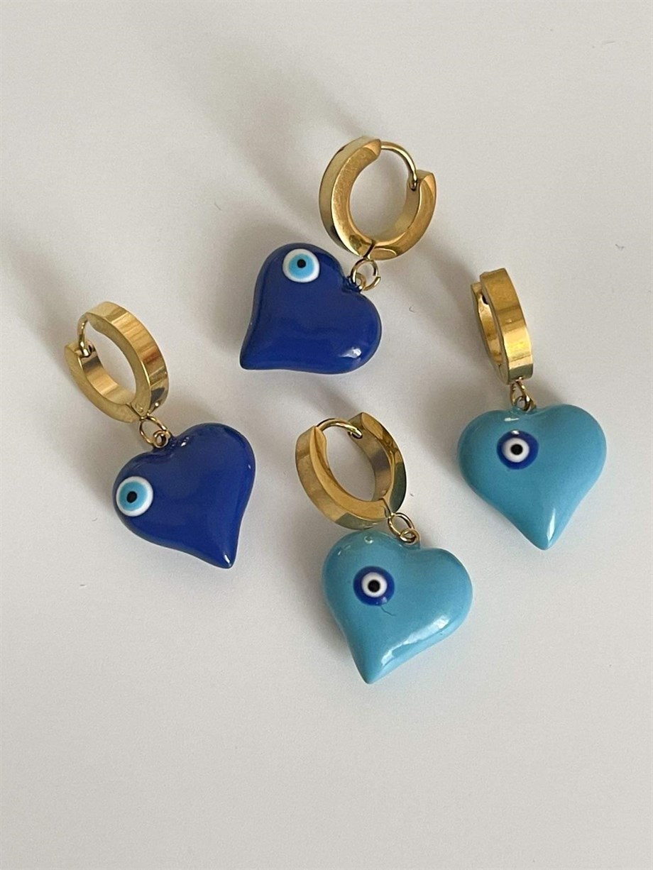 Çelik Mavi Nazar Boncuklu Kalp Kolye (3 Cm)