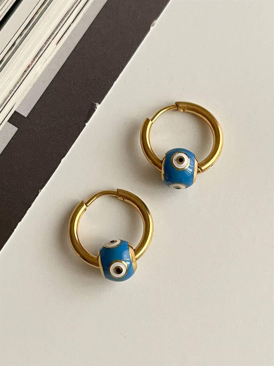 Çelik Mavi Nazar Göz Boncuklu Küpe (1.5 Cm)