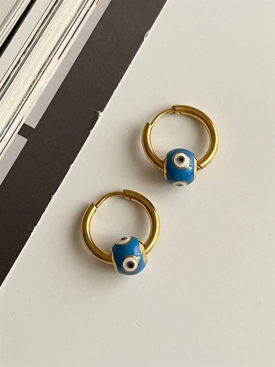 Çelik Mavi Nazar Göz Boncuklu Küpe (1.5 Cm)