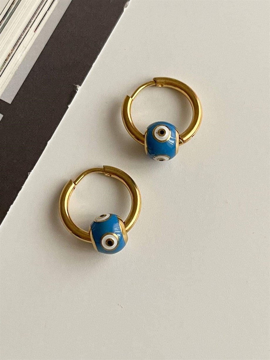 Çelik Mavi Nazar Göz Boncuklu Küpe (1.5 Cm)