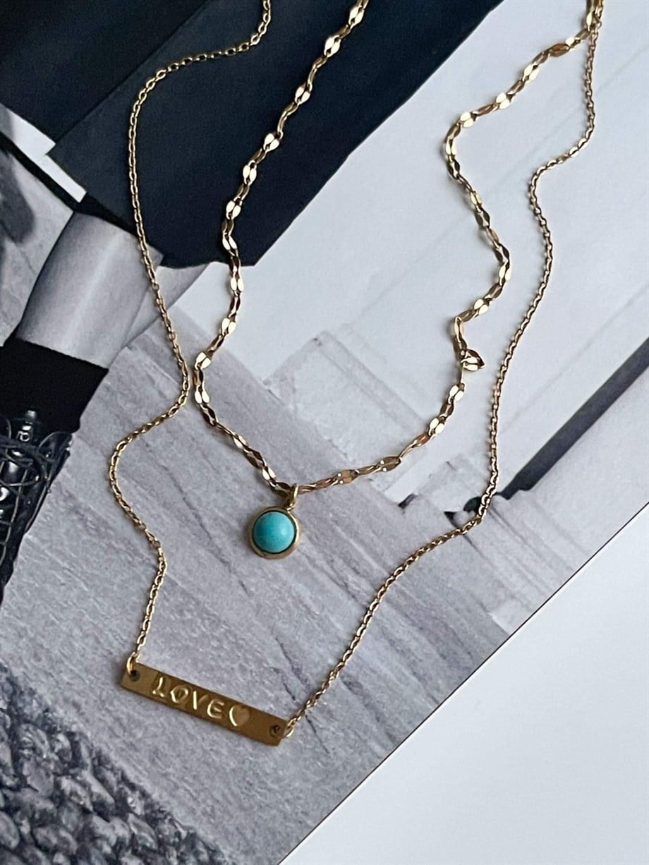 Çelik Mavi Taşlı Love Yazılı İkili Birleşik Kombin Kolye (45 Cm)