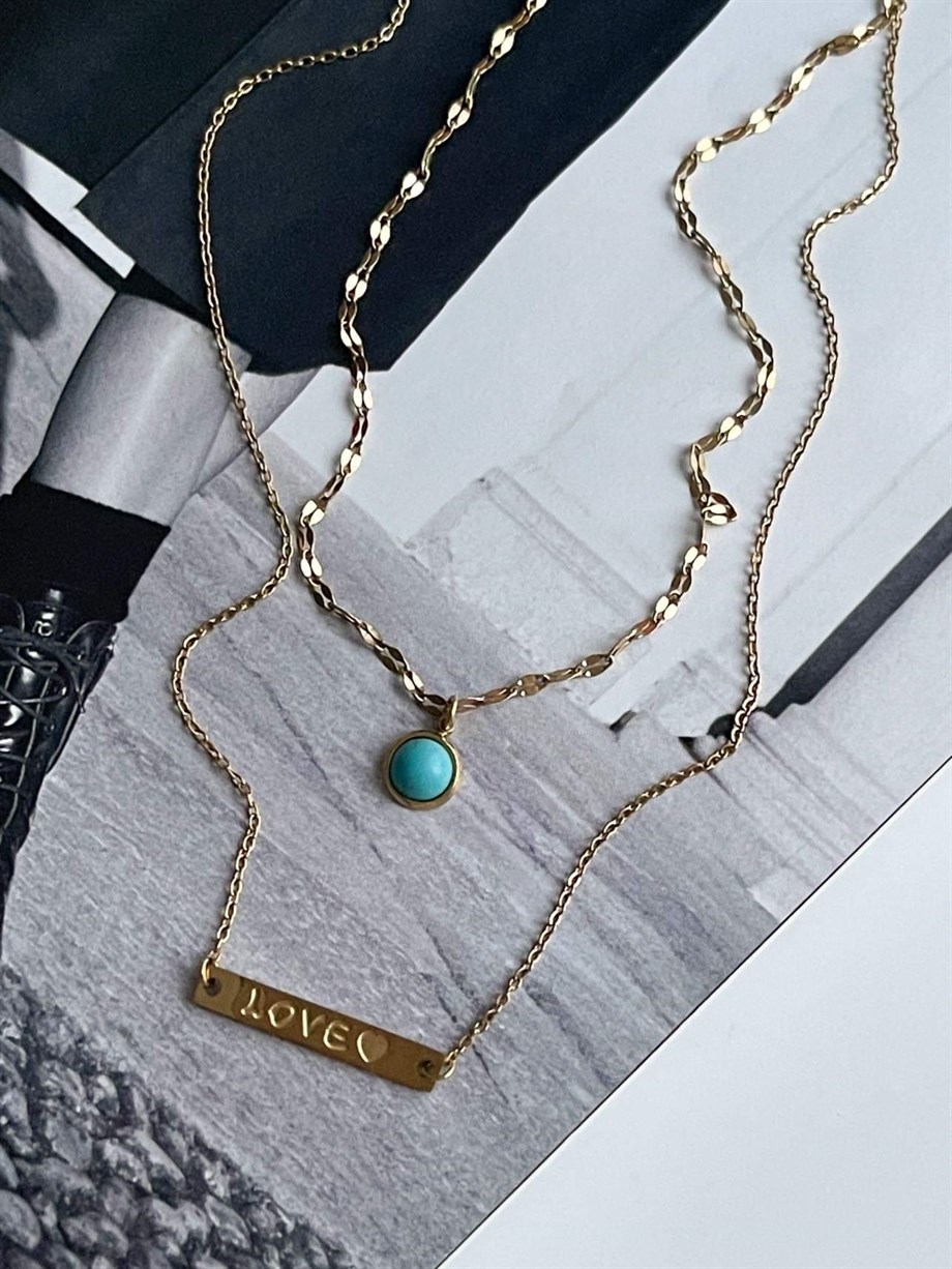 Çelik Mavi Taşlı Love Yazılı İkili Birleşik Kombin Kolye (45 Cm)