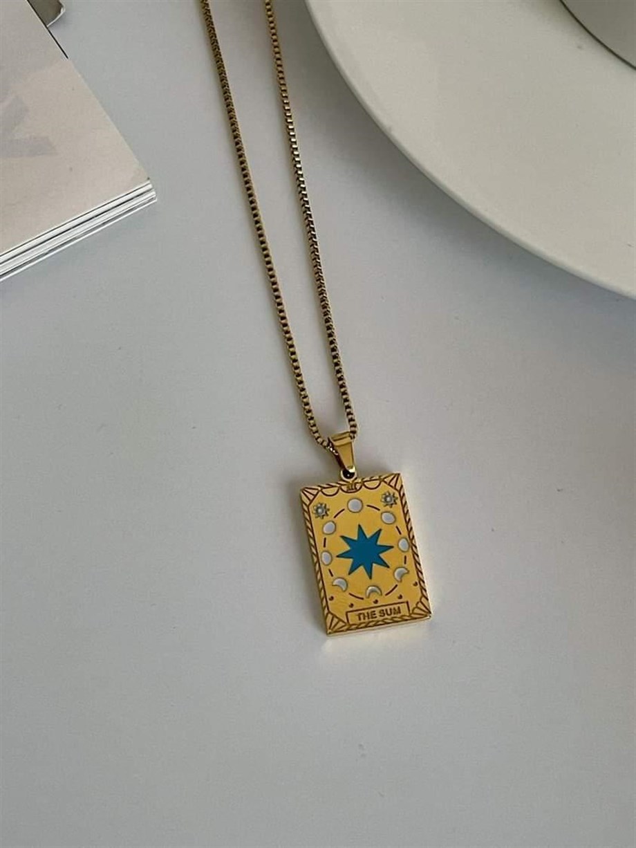 Çelik Mavi Yıldızlı Kare Plaka Madalyon Kolye (45 Cm)