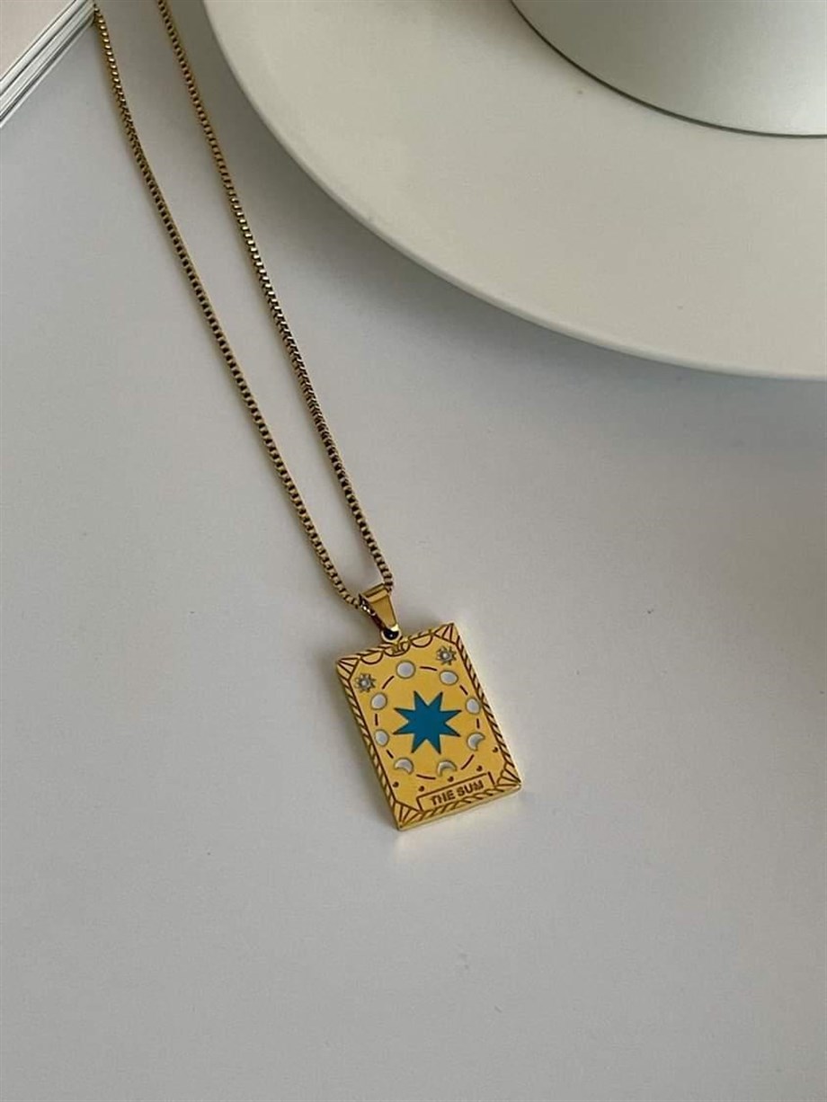 Çelik Mavi Yıldızlı Kare Plaka Madalyon Kolye (45 Cm)