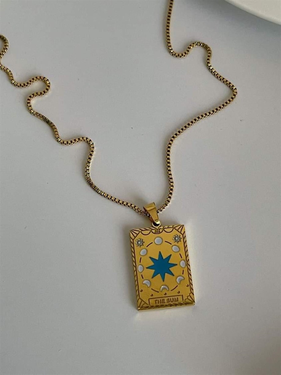 Çelik Mavi Yıldızlı Kare Plaka Madalyon Kolye (45 Cm)