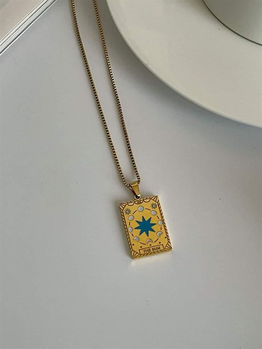 Çelik Mavi Yıldızlı Kare Plaka Madalyon Kolye (45 Cm)