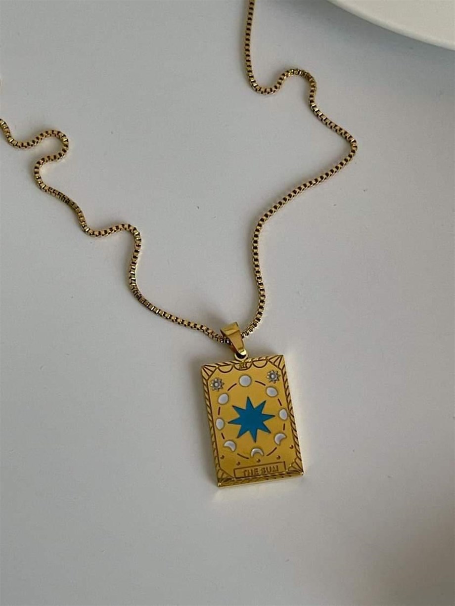 Çelik Mavi Yıldızlı Kare Plaka Madalyon Kolye (45 Cm)