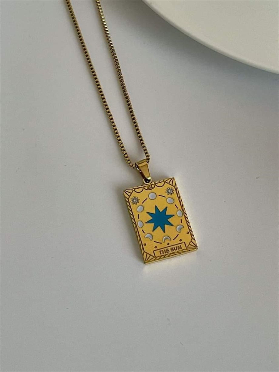 Çelik Mavi Yıldızlı Kare Plaka Madalyon Kolye (45 Cm)