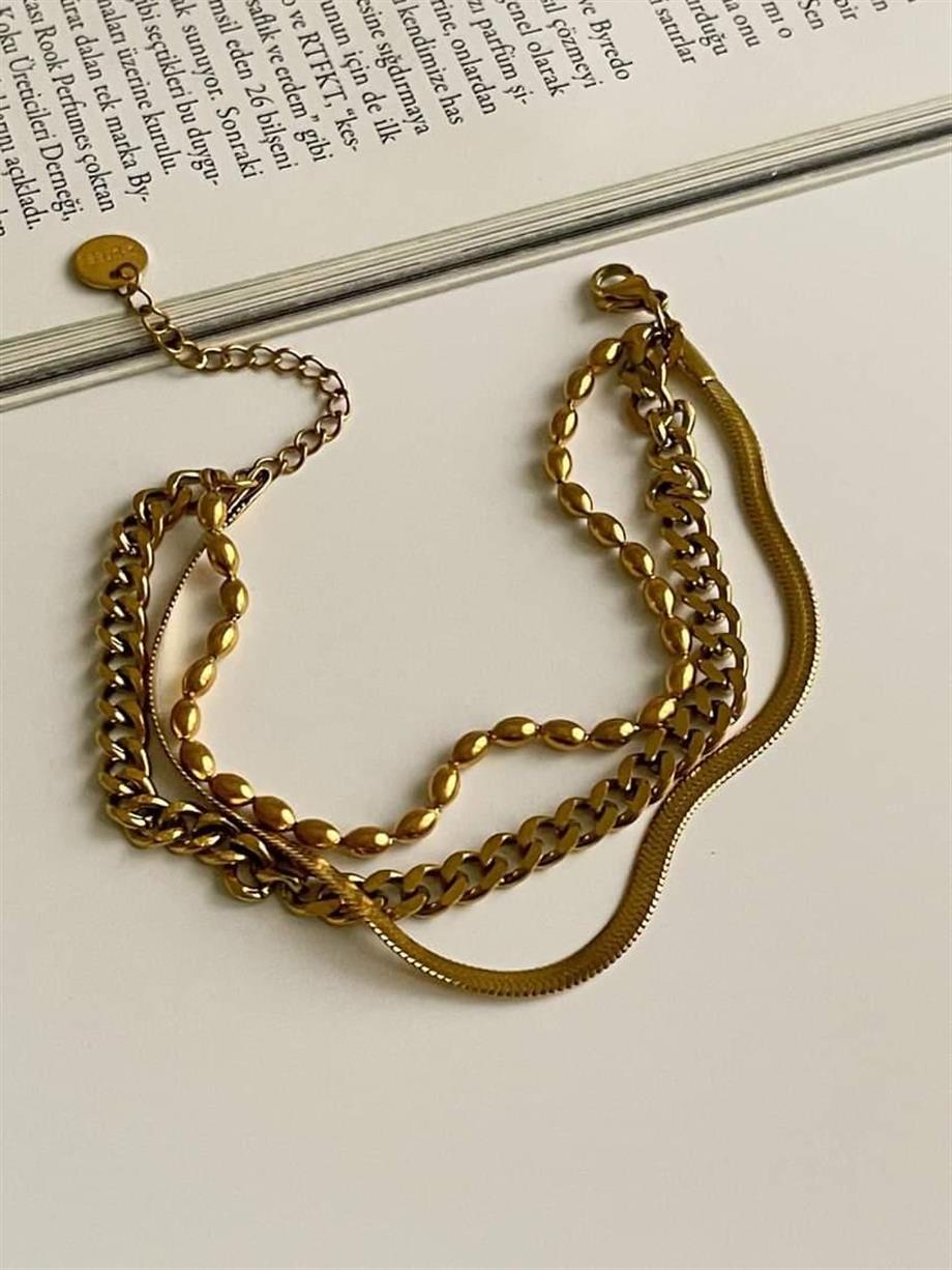 Çelik Oval Topçuklu Üçlü Birleşik Kombin Bileklik (21 Cm)